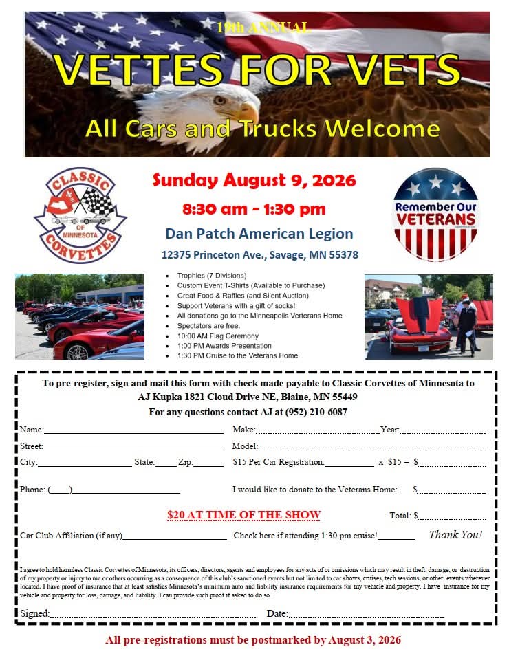 Classic Minnesota Corvette Vettes for Vets Car Show event at Dan Patch American Legion in Savage, MN on August 9, 2026