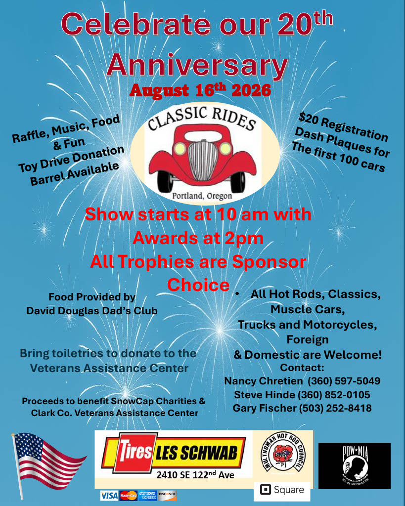 Classic Rides 20th Anniversary Car Show event at 2410 SE 122nd Ave in Portland, OR on August 16, 2026