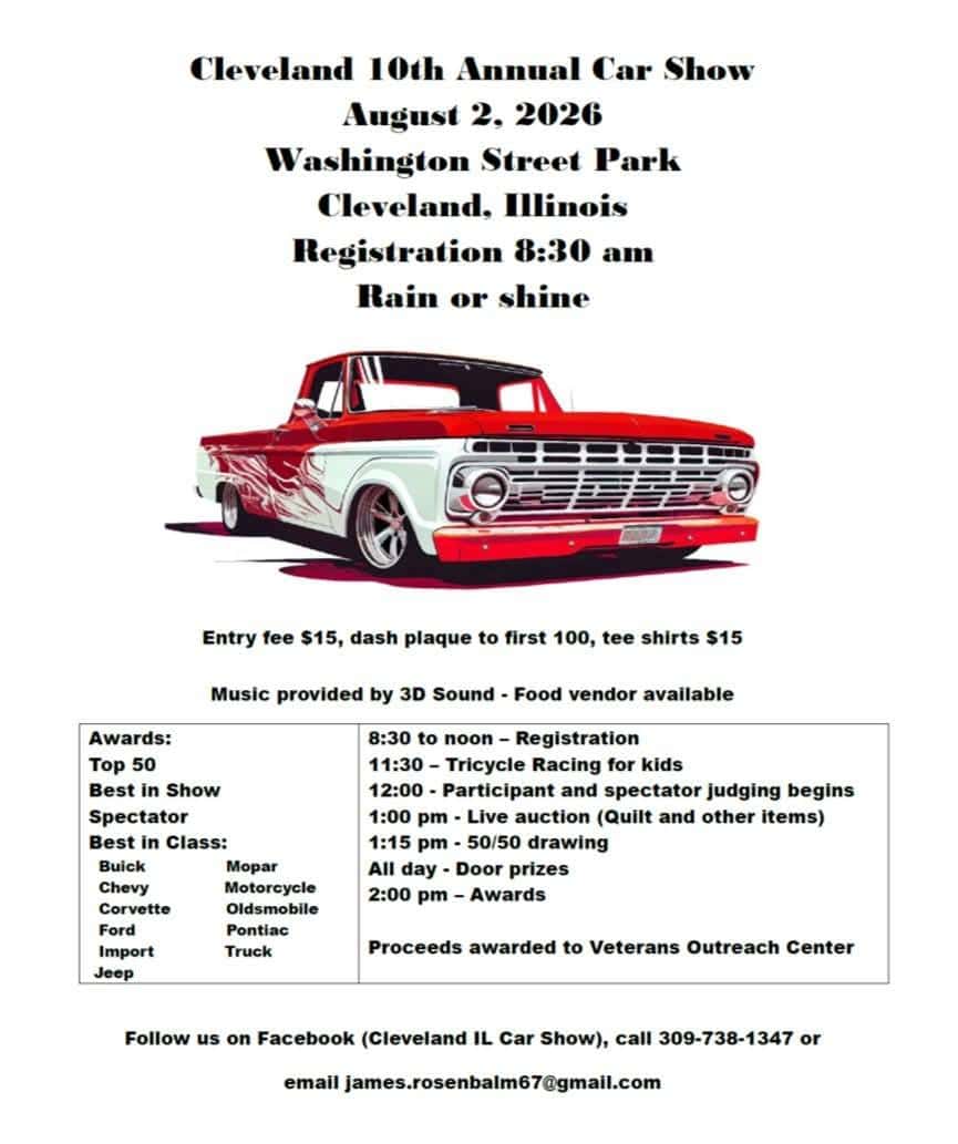 Cleveland 10th Annual Car Show event at Washington Street Park in Cleveland, IL on August 2, 2026