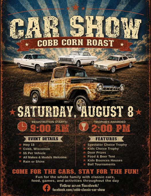 Cobb Corn Roast Car Show event at Hwy 18 in Cobb, WI on August 8, 2026