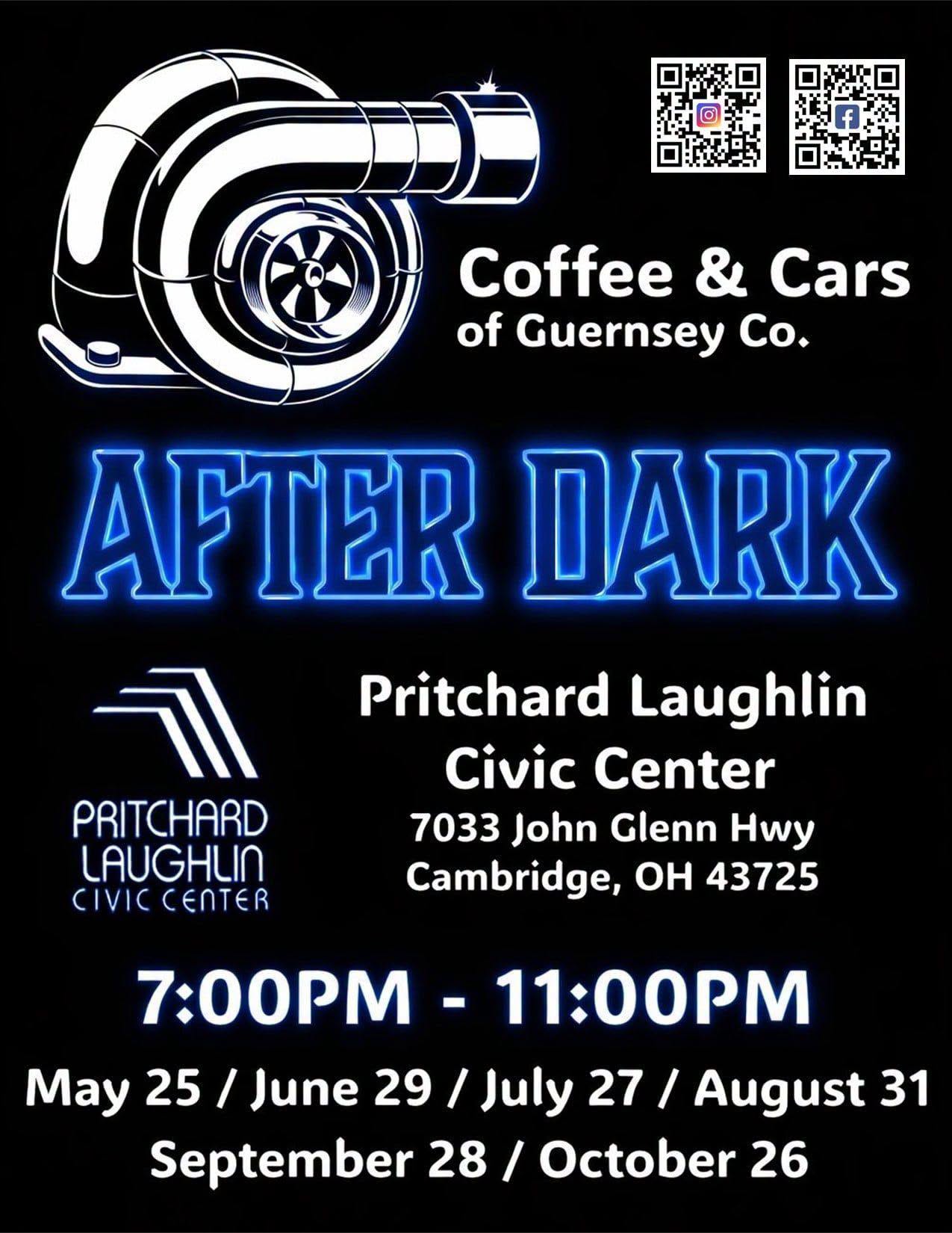 Coffee & Cars of Guernsey Co. After Dark event at Pritchard Laughlin Civic Center in Cambridge, OH on July 27, 2026