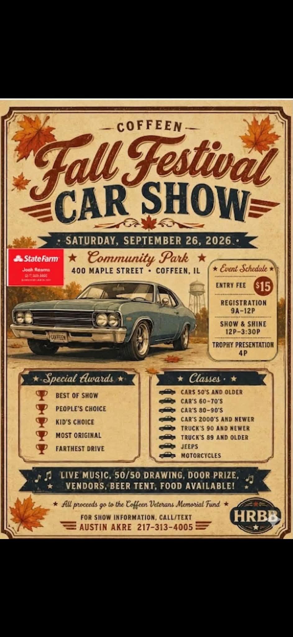 Coffeen Fall Festival Car Show event at State Farm Community Park in Coffeen, IL on September 26, 2026