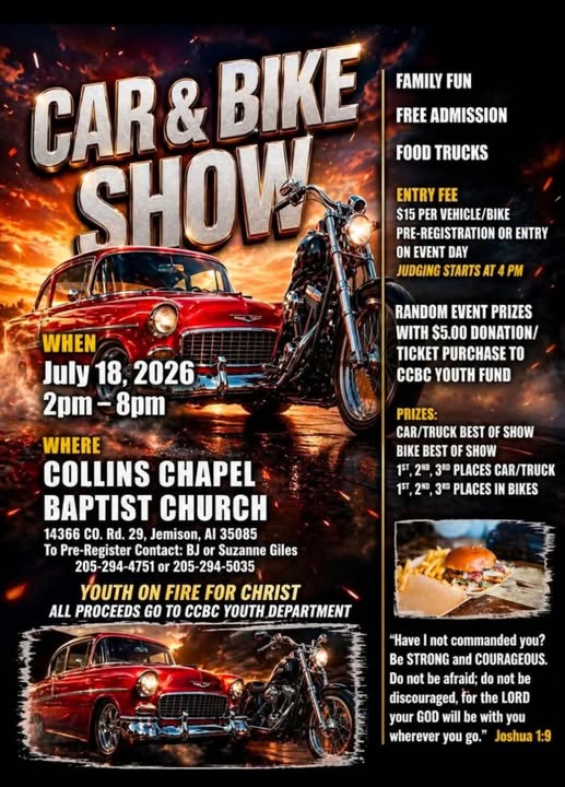 Collins Chapel Baptist Church Youth on Fire for Christ Car & Bike Show event at Collins Chapel Baptist Church in Jemison, AL on July 18, 2026
