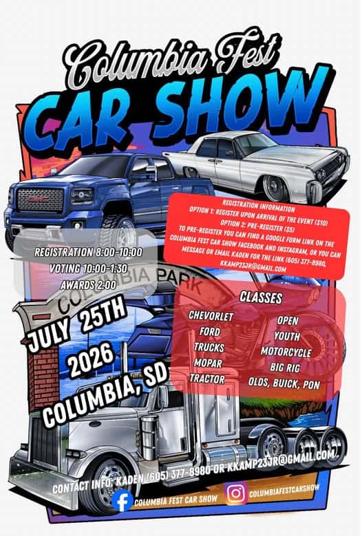 Columbia Fest Car Show event at Downtown Columbia in Columbia, SD on July 25, 2026