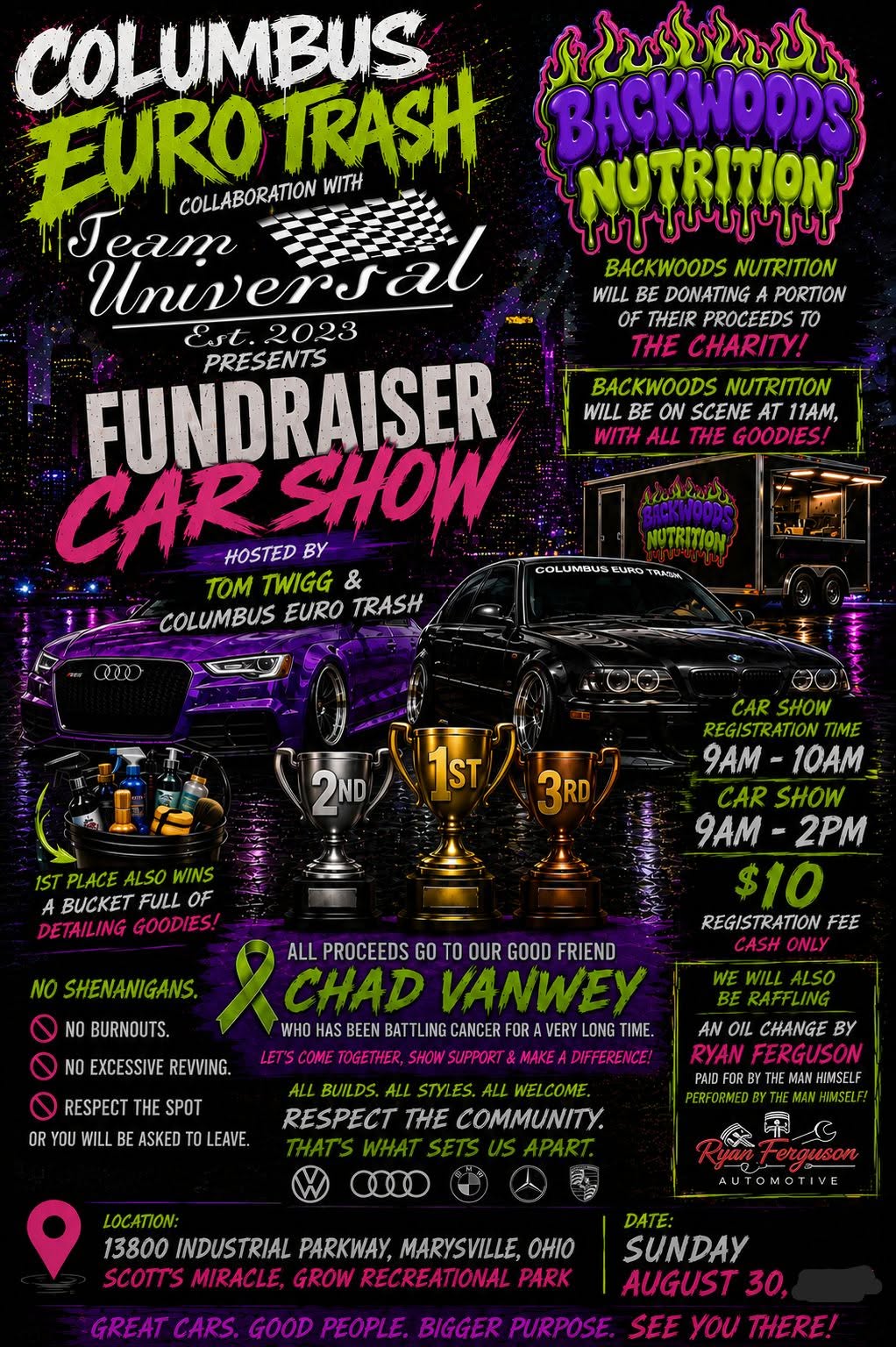 Columbus Euro Trash & Backwoods Nutrition Chad VanWey Benefit Car Show event at Scott's Miracle-Gro Recreational Park in Marysville, OH on August 30, 2026