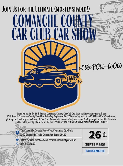 Comanche County Car Club Car Show at the Pow-Wow event at Comanche City Park in Comanche, TX on September 26, 2026