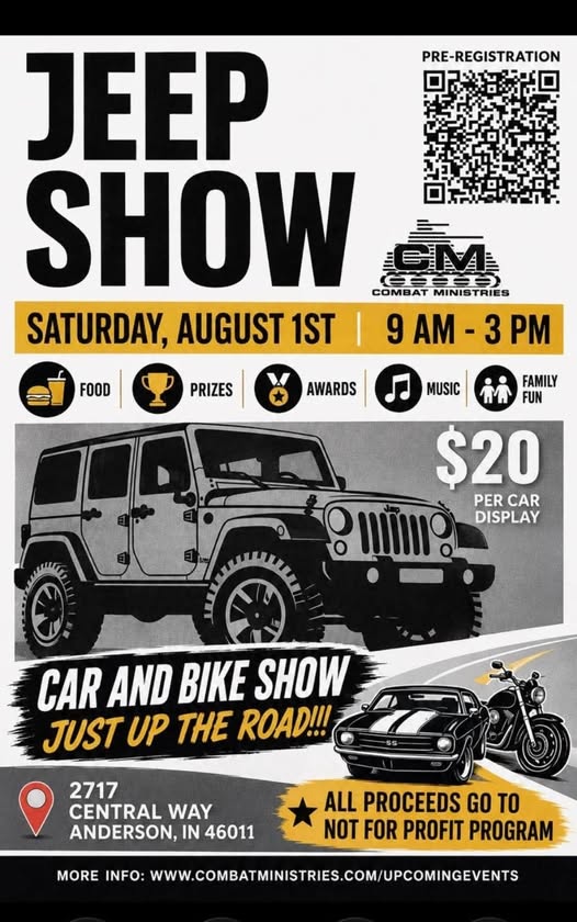 Combat Ministries Jeep Show event at 2717 Central Way in Anderson, IN on August 1, 2026