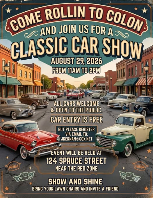 Come Rollin to Colon Classic Car Show event at 124 Spruce Street in Colon, MI on August 29, 2026