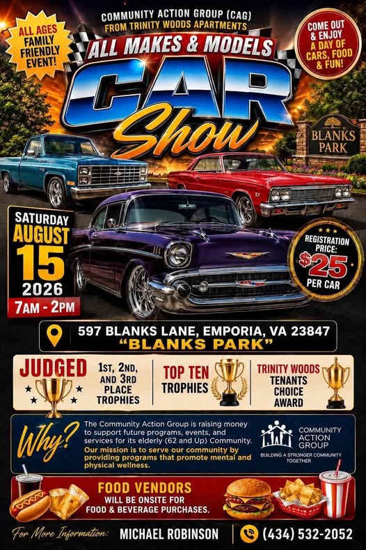 Community Action Group Car Show event at Blanks Park in Emporia, VA on August 15, 2026