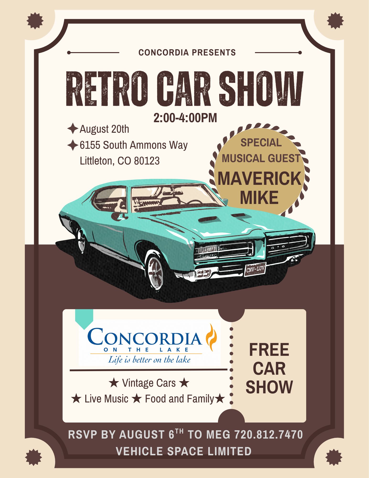 Concordia Retro Car Show event at Concordia on the Lake in Littleton, CO on August 20, 2026