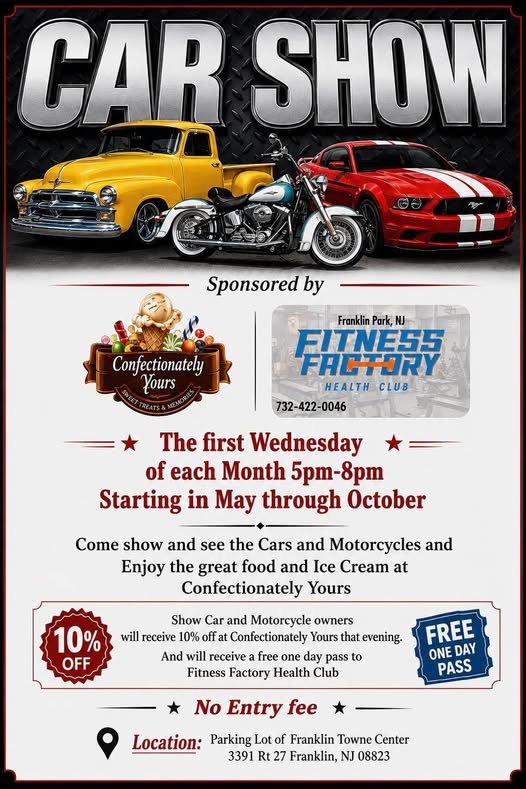 Confectionately Yours Car Show event at Franklin Towne Center in Franklin Park, NJ on August 5, 2026