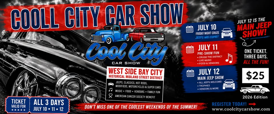 Cool City Car Show event at Historical Midland Street District in Bay City, MI on July 10, 2026
