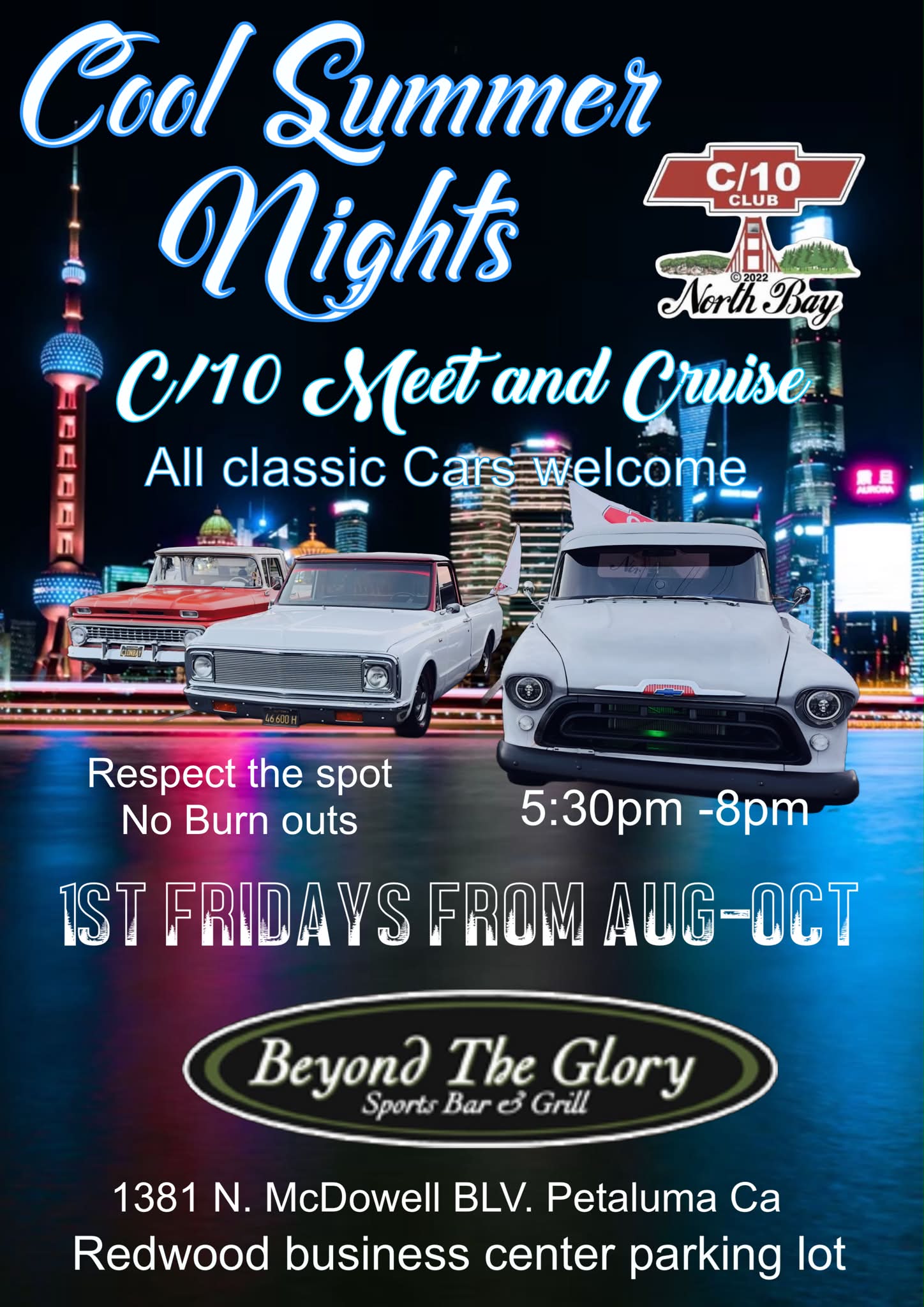 Cool Summer Nights C/10 Meet and Cruise event at Redwood Business Center parking lot in Petaluma, CA on August 7, 2026