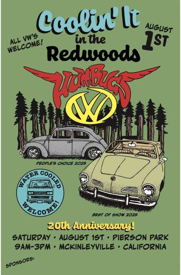 Coolin' It in the Redwoods VW Car Show event at Pierson Park in McKinleyville, CA on August 1, 2026