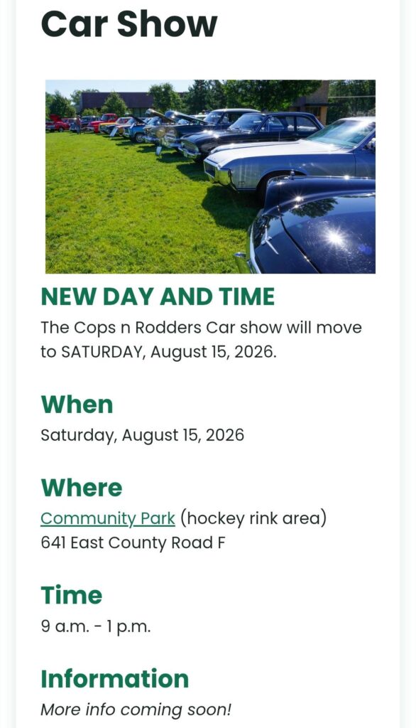 Cops n Rodders Car Show event at Community Park in Roseville, MN on August 15, 2026