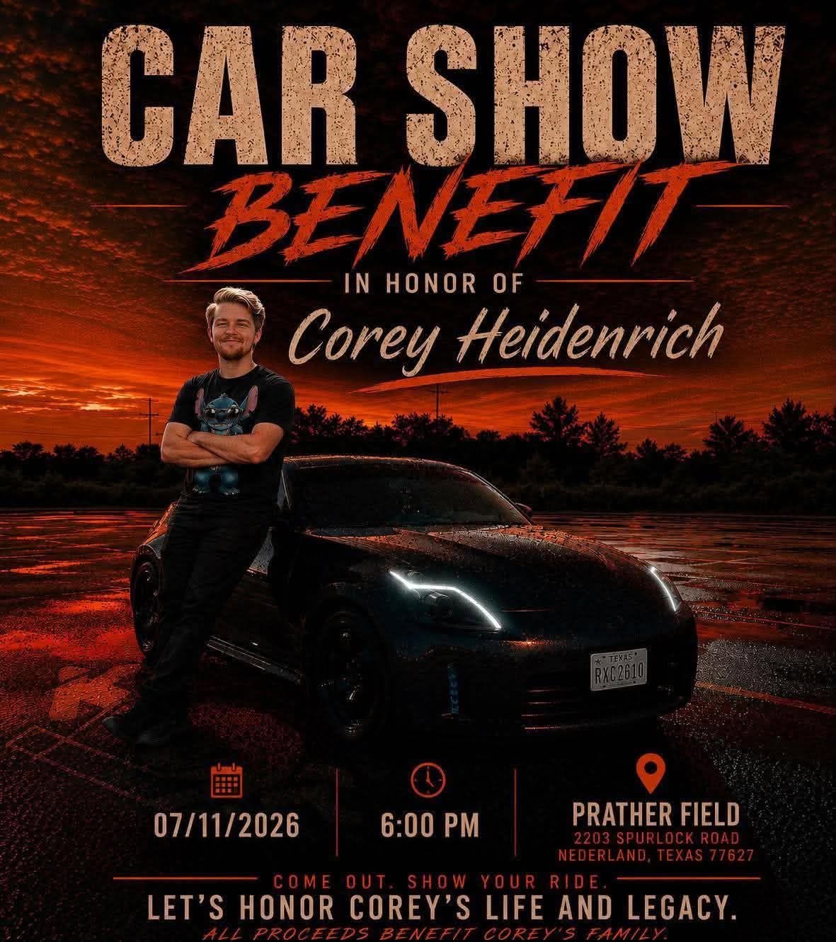 Corey Heidenrich Benefit Car Show event at Prather Field in Nederland, TX on July 11, 2026
