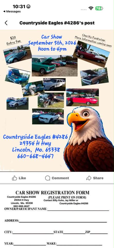 Countryside Eagles #4286 Car Show event at Countryside Eagles #4286 in Lincoln, MO on September 5, 2026