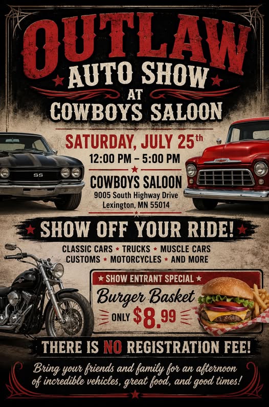 Cowboys Saloon Outlaw Auto Show event at Cowboys Saloon in Lexington, MN on July 25, 2026