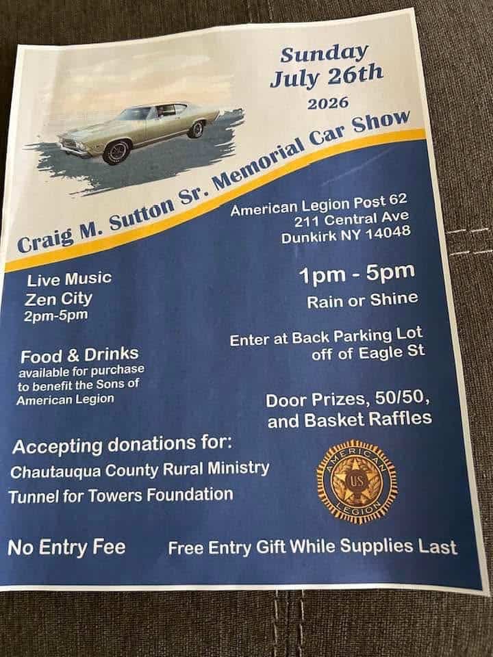 Craig M. Sutton Sr. Memorial Car Show event at American Legion Post 62 in Dunkirk, NY on July 26, 2026
