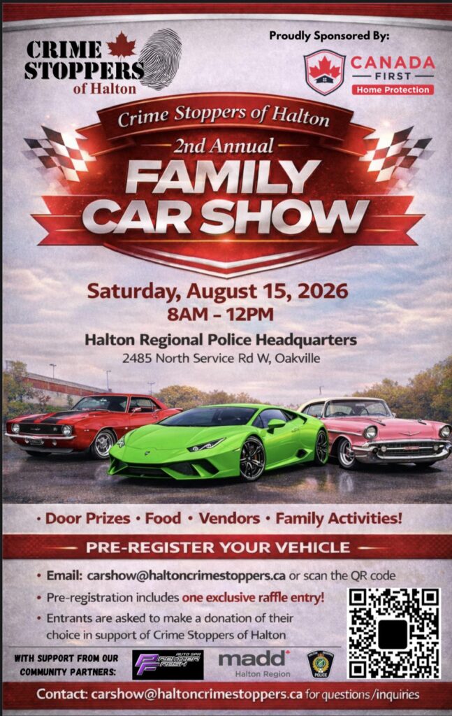 Crime Stoppers of Halton Family Car Show event at Halton Regional Police Headquarters in Oakville, ON on August 15, 2026