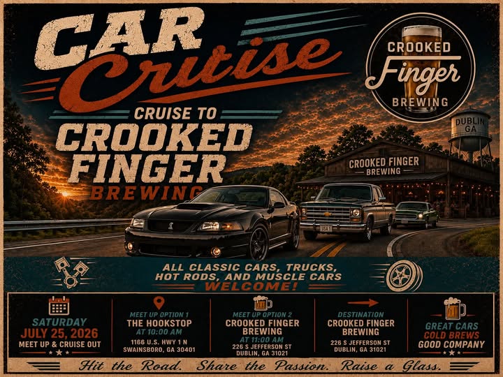 Crooked Finger Brewing CARise Cruise event at Crooked Finger Brewing in Dublin, GA on July 25, 2026