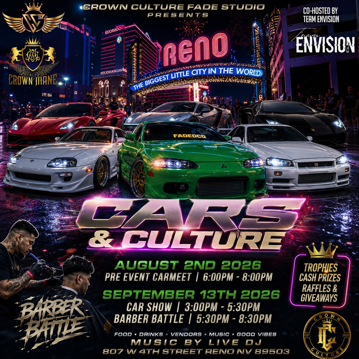 Crown Culture Fade Studio Faded Co Cars & Culture event at 807 W 4th Street in Reno, NV on August 2, 2026