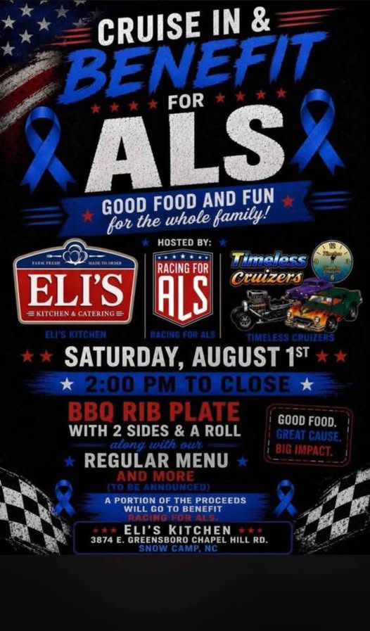 Cruise in & Benefit for ALS event at Eli's Kitchen in Snow Camp, NC on August 1, 2026