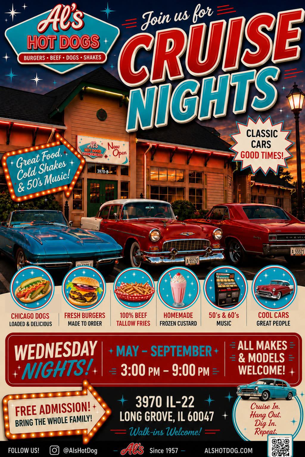 Cruise Nights at Al's Hot Dog event at Al's Hot Dog in Long Grove, IL on July 29, 2026