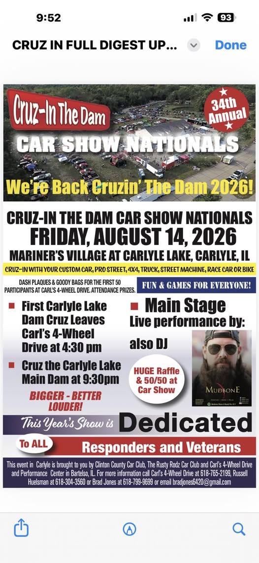 Cruz-In the Dam 34th Annual Car Show Nationals event at Mariner's Village at Carlyle Lake in Carlyle, IL on August 14, 2026