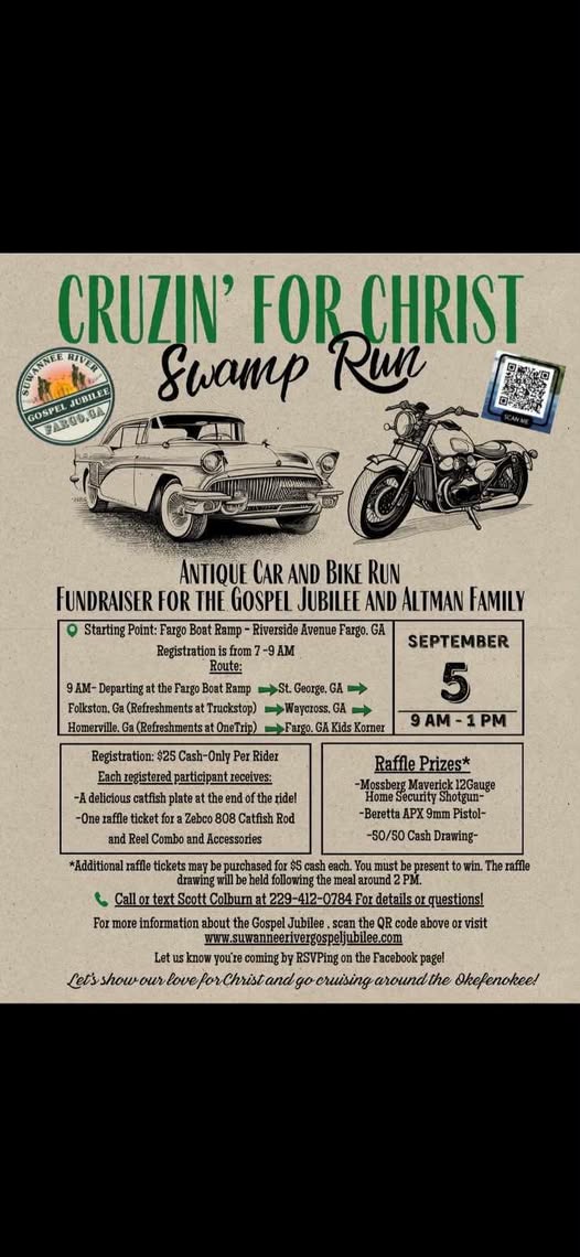 Cruzin' for Christ Swamp Run event at Fargo Boat Ramp in Fargo, GA on September 5, 2026