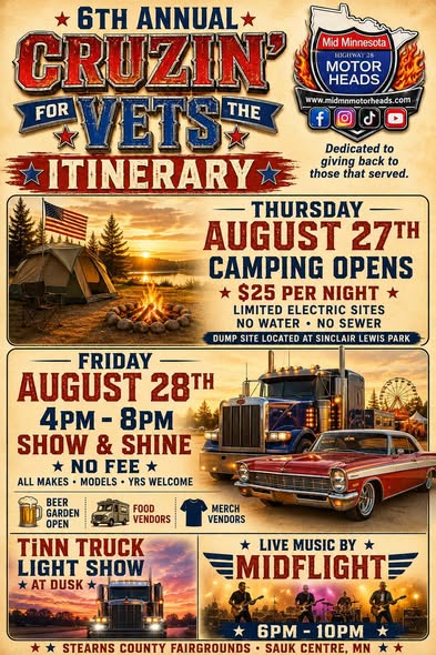 Cruzin' for the Vets Car Show event at Stearns County Fairgrounds in Sauk Centre, MN on August 29, 2026