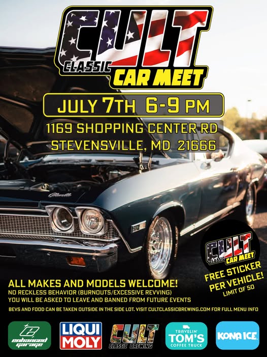 Cult Classic Brewing Car Meet event at Cult Classic Brewing in Stevensville, MD on July 7, 2026