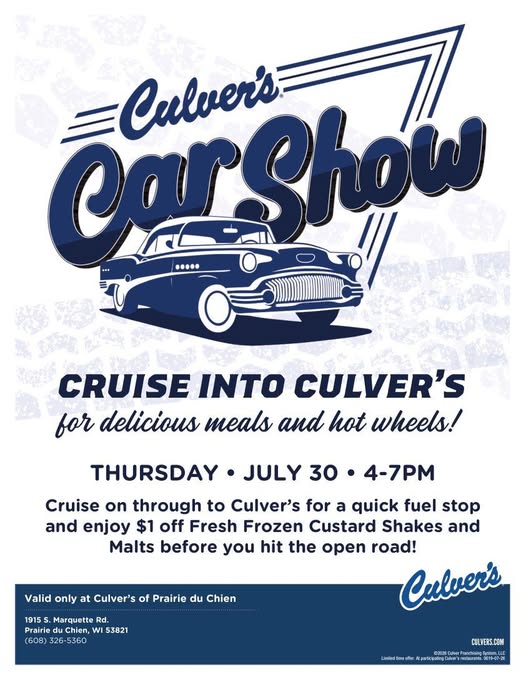 Culver's of Prairie du Chien Car Show event at Culver's in Prairie du Chien, WI on July 30, 2026
