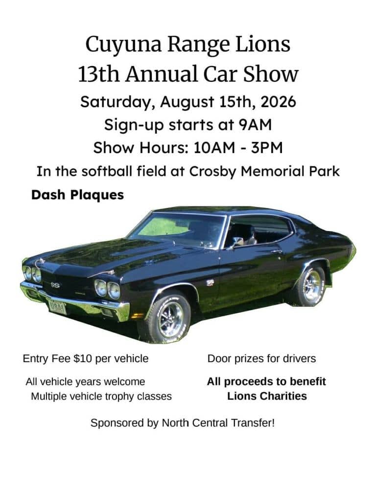 Cuyuna Range Lions 13th Annual Car Show event at Crosby Memorial Park in Crosby, MN on August 15, 2026