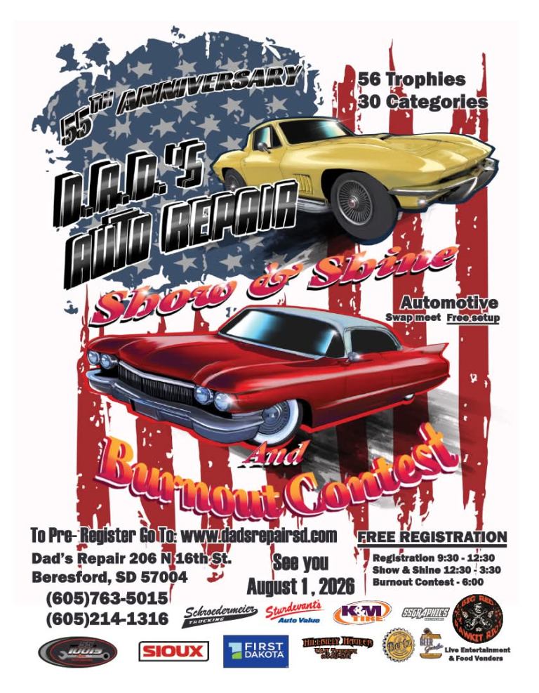 Dad's Repair 55th Anniversary Car Show event at Dad's Repair in Beresford, SD on August 1, 2026