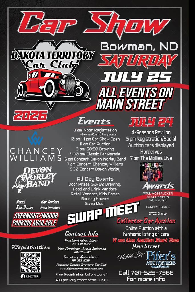 Dakota Territory Car Club Bowman Car Show event at Main Street in Bowman, ND on July 24, 2026