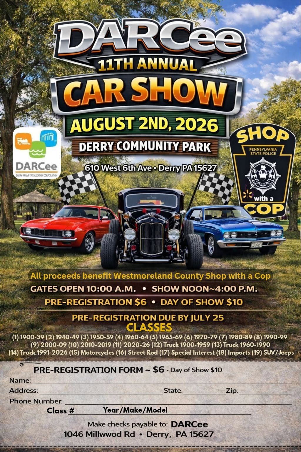 DARCee 11th Annual Car Show event at Derry Community Park in Derry, PA on August 2, 2026