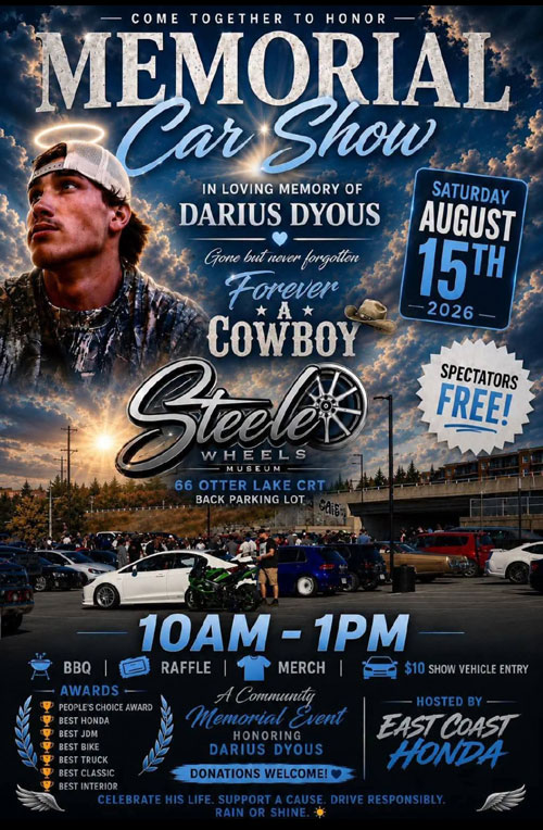 Darius Dyous Memorial Car Show event at Steele Wheels Museum in Halifax, NS on August 15, 2026