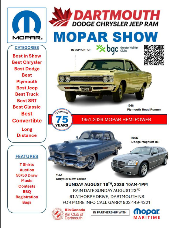 Dartmouth Mopar Show event at 61 Athorpe Drive in Dartmouth, NS on August 16, 2026