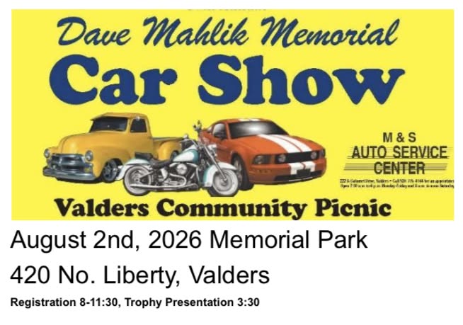 Dave Mahlik Memorial Car Show at Valders Community Picnic event at Memorial Park in Valders, WI on August 2, 2026