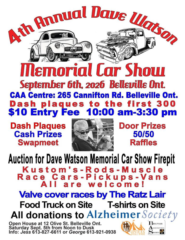 Dave Watson Memorial Car Show event at CAA Centre in Belleville, ON on September 6, 2026