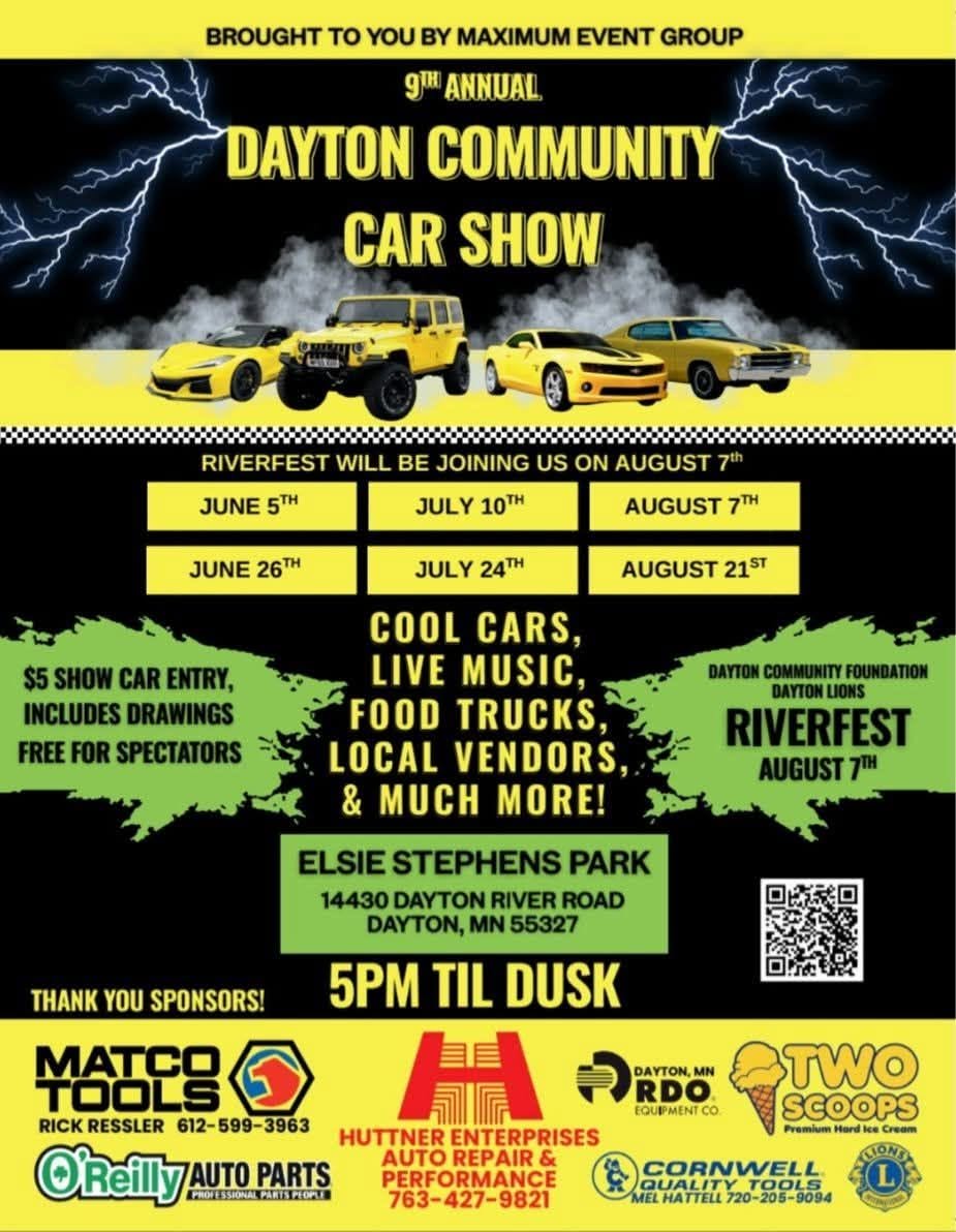 Dayton Community 9th Annual Car Show event at Elsie Stephens Park in Dayton, MN on July 24, 2026