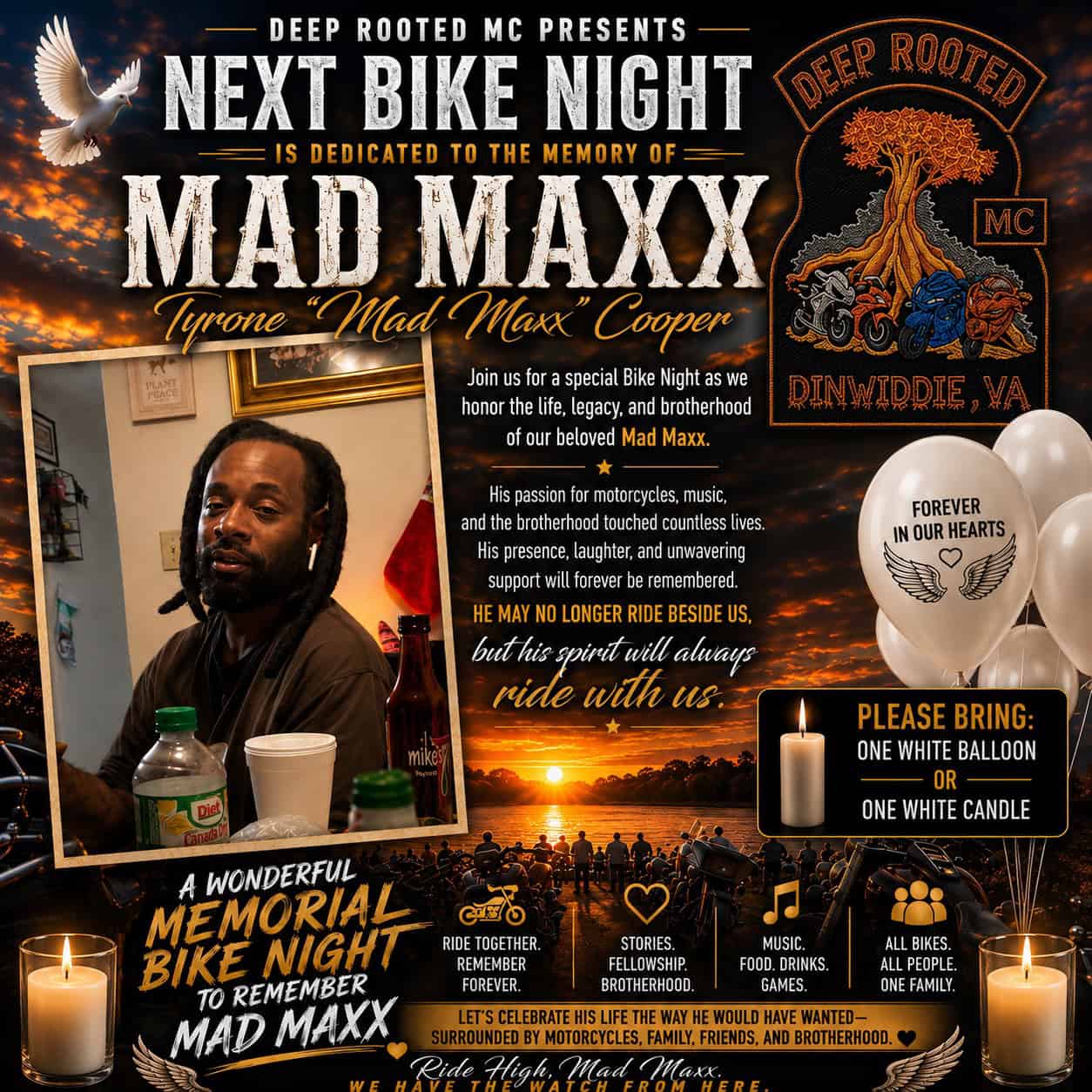 Deep Rooted MC Memorial Bike Night for Mad Maxx event at Jackie D's Sweet Treats and Ribs in Richmond, VA on August 6, 2026