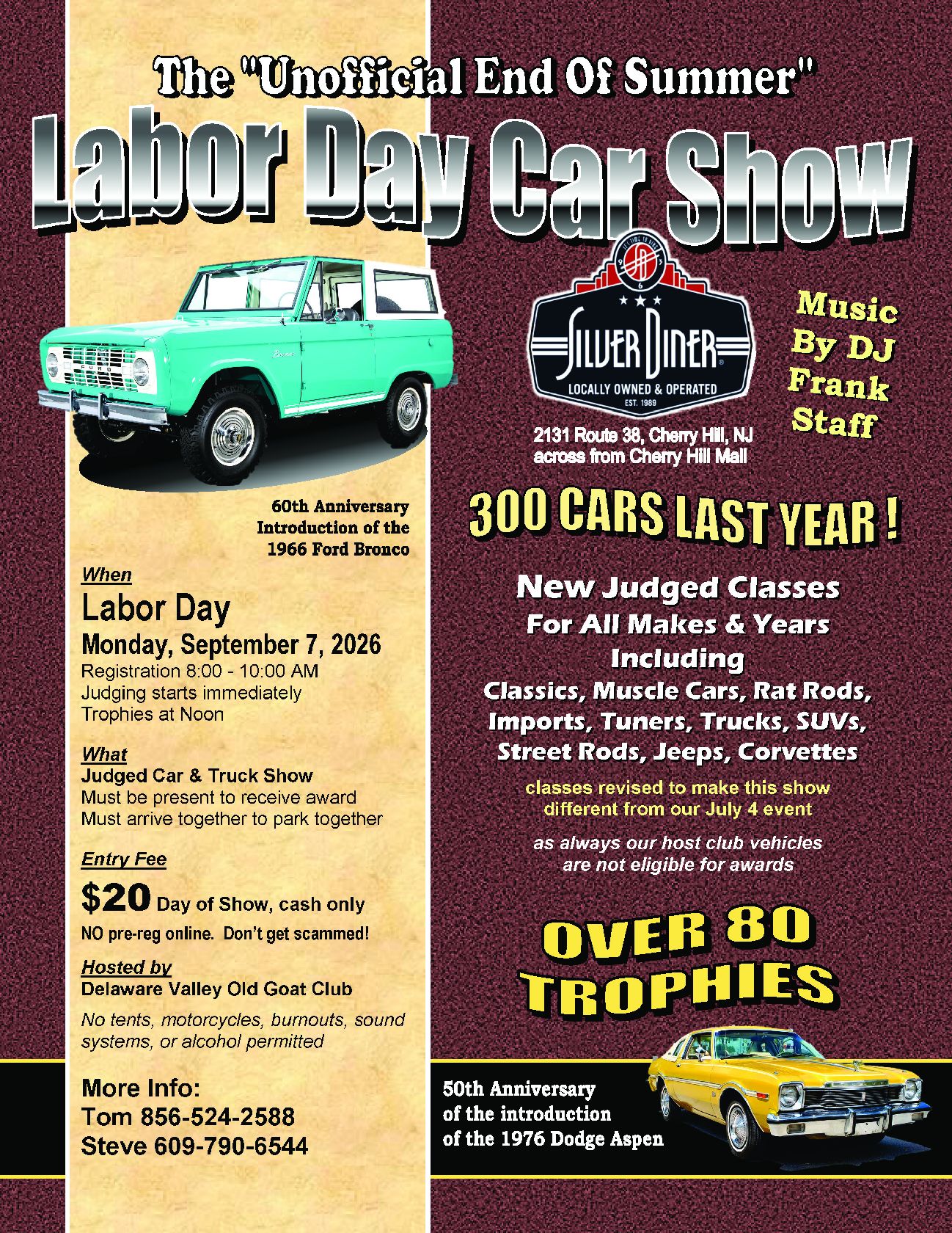 Delaware Valley Old Goat Club Labor Day Car Show event at Silver Diner in Cherry Hill, NJ on September 7, 2026