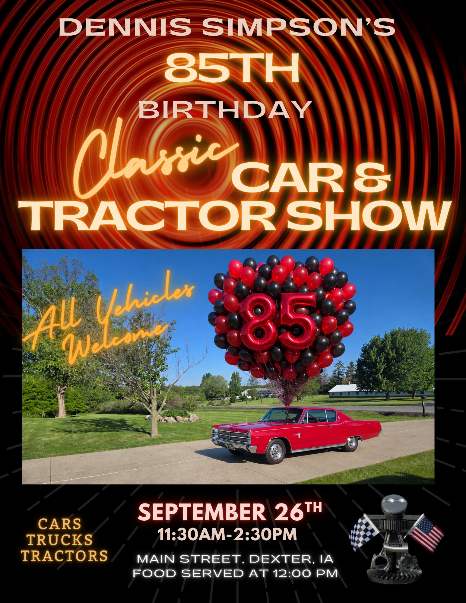 Dennis Simpson's 85th Birthday Classic Car & Tractor Show event at Main Street in Dexter, IA on September 26, 2026