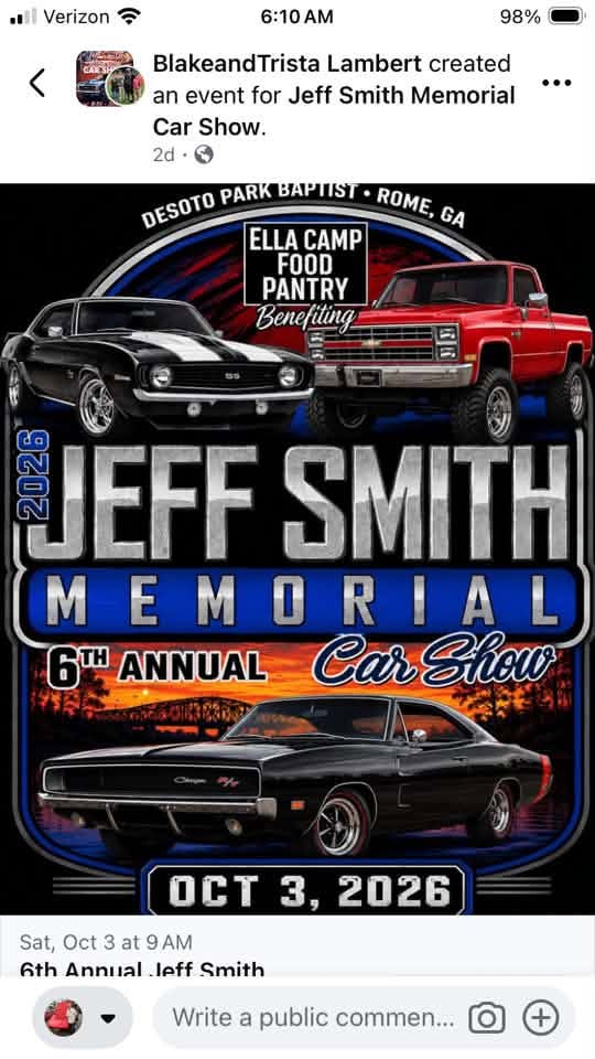 DeSoto Park Baptist Church Jeff Smith Memorial 6th Annual Car Show event at DeSoto Park Baptist Church in Rome, GA on October 3, 2026