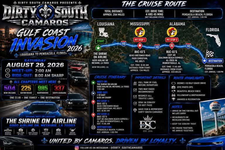 Dirty South Camaros Gulf Coast Invasion event at The Shrine on Airline in Metairie, LA on August 29, 2026
