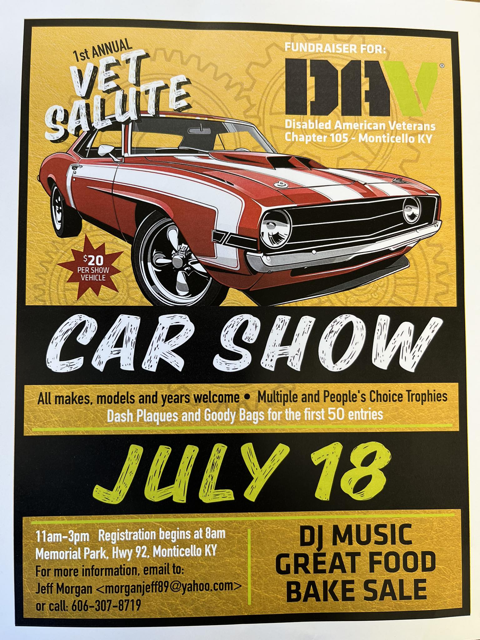 Disabled American Veterans Chapter 105 1st Annual Vet Salute Car Show event at Memorial Park in Monticello, KY on July 18, 2026