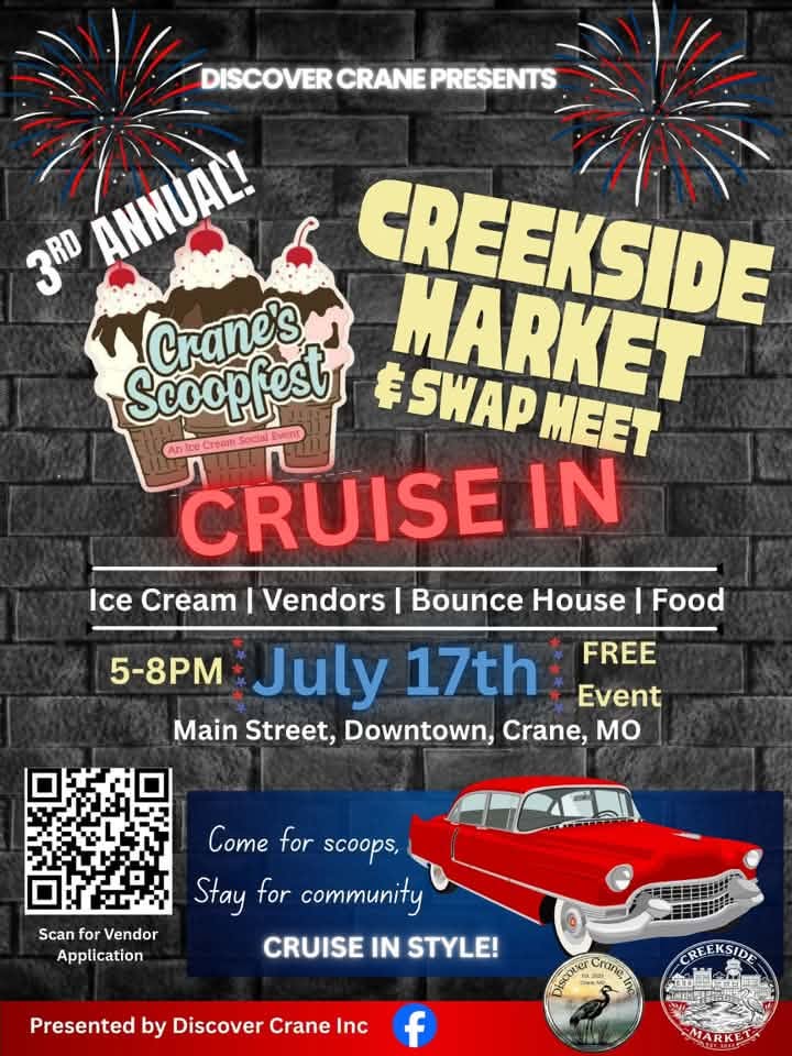 Discover Crane 3rd Annual Creekside Market Scoopfest Swap Meet Cruise in event at Downtown Crane in Crane, MO on July 17, 2026