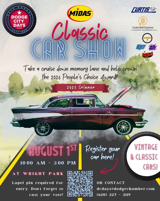 Dodge City Days 6th Annual Midas Classic Car Show event at Wright Park in Dodge City, KS on August 1, 2026
